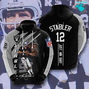 Oakland Raiders 12 Ken Stabler Signature Just Win, 3D Hoodie NFL Gift Ideas For Football Fans