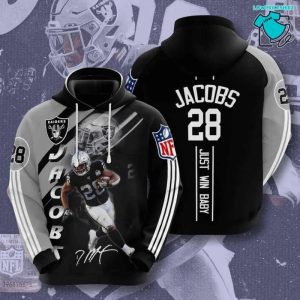 Oakland Raiders 28 Josh Jacobs Signature Just Win, 3D Hoodie NFL Gift Ideas For Football Fans