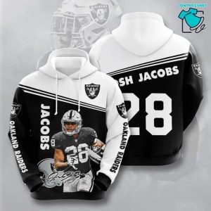 Oakland Raiders 28 Josh Jacobs Signature, 3D Hoodie NFL Gift Ideas For Football Fans