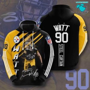 Pittsburgh Steelers 90 T J Watt Signature Steel Curtain, 3D Hoodie NFL Gift Ideas For Football Fans